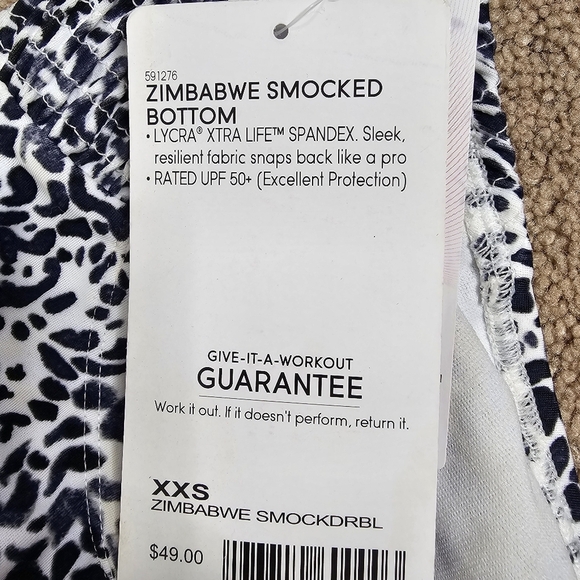 Athleta Zimbabwe Smocked Bottom swim bikini bottom black blue white animal XXS - Picture 7 of 8